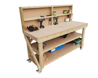 Wooden Workbench, 18mm MDF Worktop with Back Panel & Double Shelf, Custom 4ft-8ft Heavy Duty Workshop Station, Handmade in UK