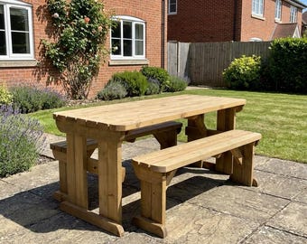 Wooden Picnic Table - Yews Brand Heavy Duty Garden Bench Set - 4, 6, 8 Seater Outdoor Dining - Treated Timber