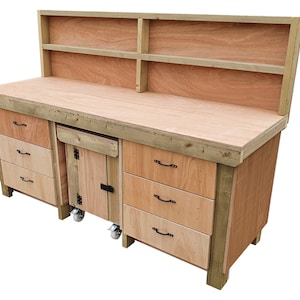 Workbench Wooden 18mm Eucalyptus Hardwood Top - With Drawers and Functional Lockable Cupboard