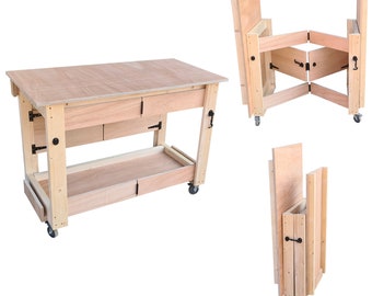 Habilis Workbench Handmade Wooden Folding Mobile  - Eucalyptus Hardwood Top Space Saving Work Table