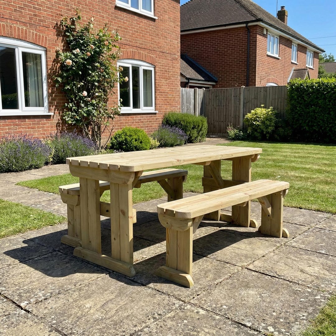 Yews Rounded Picnic Table and Bench Set | Solid Wood Garden Dining ...