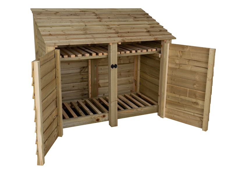 May include: A wooden log storage shed with two doors that open outwards. The shed has a slanted roof and a slatted bottom for air circulation.