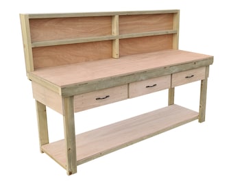 Wooden Workbench Eucalyptus Hardwood Top - With Drawers and Back Panel - Industrial Heavy-duty Work Table