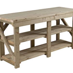 May include: A light-coloured wooden workbench with three shelves and a large work surface. The workbench has a sturdy, rustic design with angled supports. Dimensions are approximately 152 cm long, 61 cm wide, and 91 cm high, suitable for various projects.