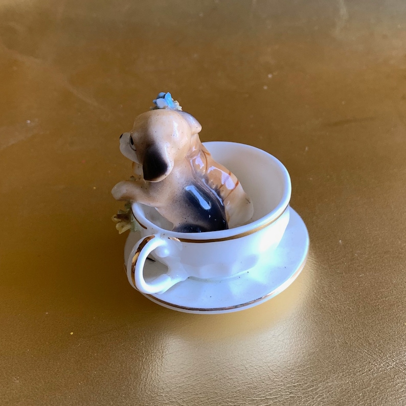 Vintage Napco Miniature Collectible 1 34 Tall, KittenPuppy Porcelain Spaghetti Greenery CupSaucer