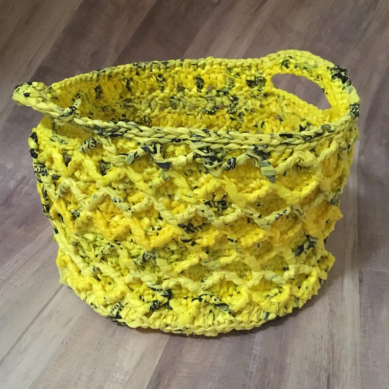 Plarn Basket Crocheted From Recycled Grocery Bags Yellow Etsy