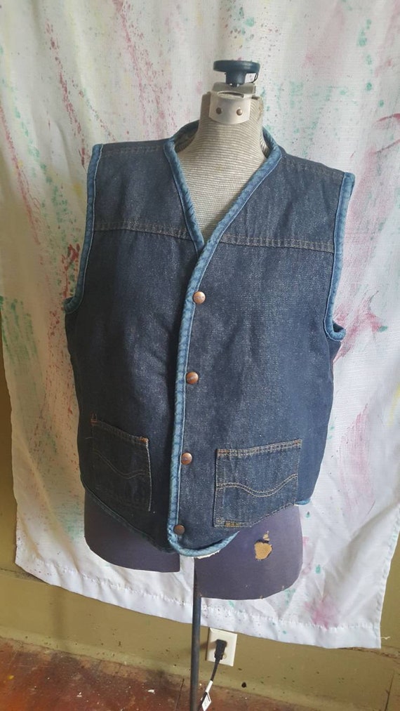 Vintage 1970s era mens denim vest. Faux fleece li… - image 1