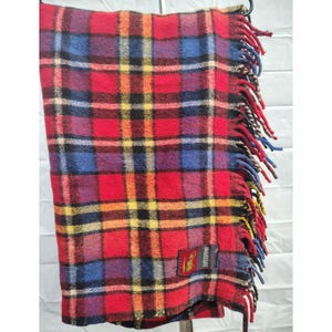Vintage Supersprint Wool Plaid Blanket With Fringe 64"x48" Red/Blue/Yellow Design