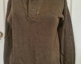 Vintage 1960s era brown/olive drab men's wool sweater. Military issue, Henley neck. Size M/Medium. FREE SHIPPING