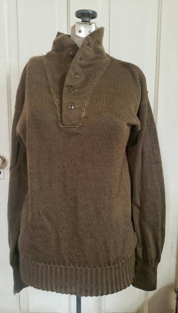 VintageEndeavorsMT Vintage 1960s Era Brown/Olive Drab Men's Wool Sweater. Military Issue, Henley Neck. Size M/Medium.