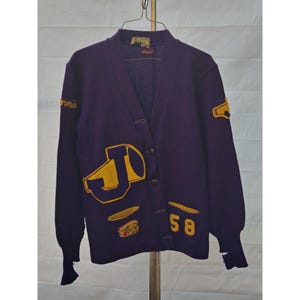 Vintage 1958 Purple Varsity Letterman Cardigan Sweater With Yellow Patches & Embroidered Details