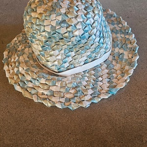 Vintage Betmar women&#39;s woven blue hat. Summer, Easter, beachy scene. Diameter measures 22 in. FREE SHIPPING
