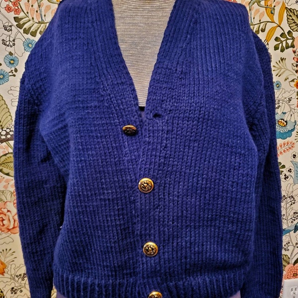 Vintage 1980s era ladies hand knitted acrylic cardigan. Navy blue with gold buttons, V neck, banded waist. Size M/Medium. FREE SHIPPING