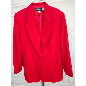 Vintage Red Wool Womens Blazer By Requirements Size 12 With Single-Button Closure & Pockets