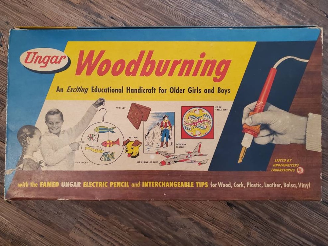 Vintage 1980s Jumbo Woodburning Kit wood leather cork iron burning NSI No.  7770