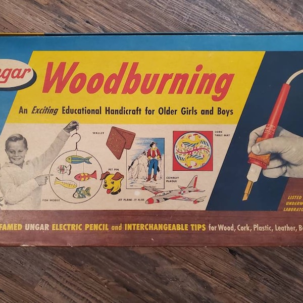 Vintage, 1970s era Ungar wood burning kit in original box. 2 burning irons, paint, patterns. FREE SHIPPING