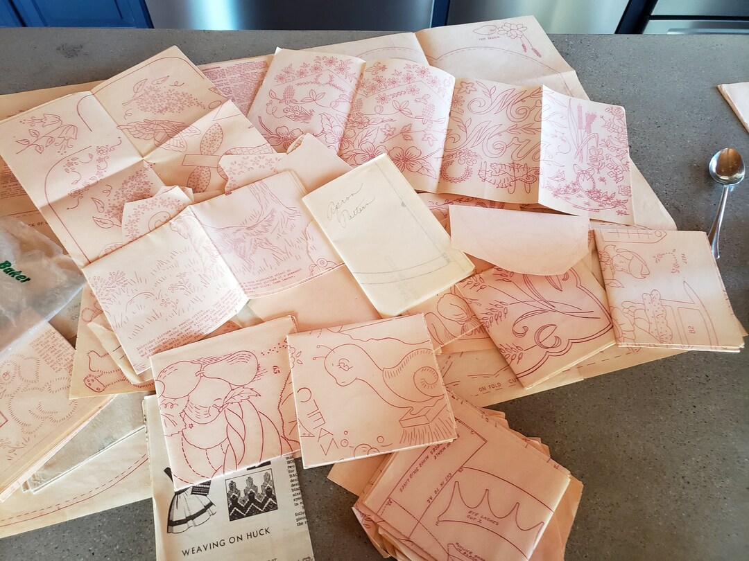 Huge Lot of Vintage Iron on Transfers for Aprons Table Runners and Dish
