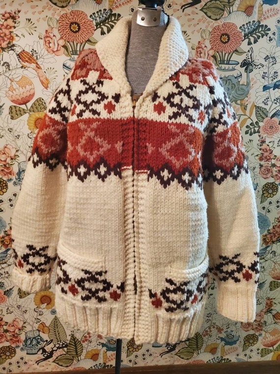 GENUINE handmade Cowichan sweater. Ivory/rust wool