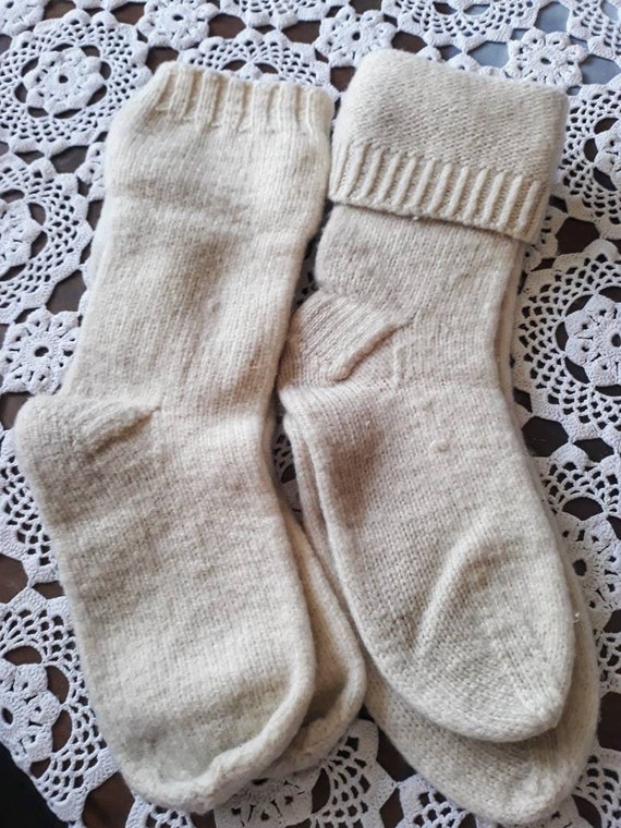 Hand knitted wool socks, natural color, thick, war