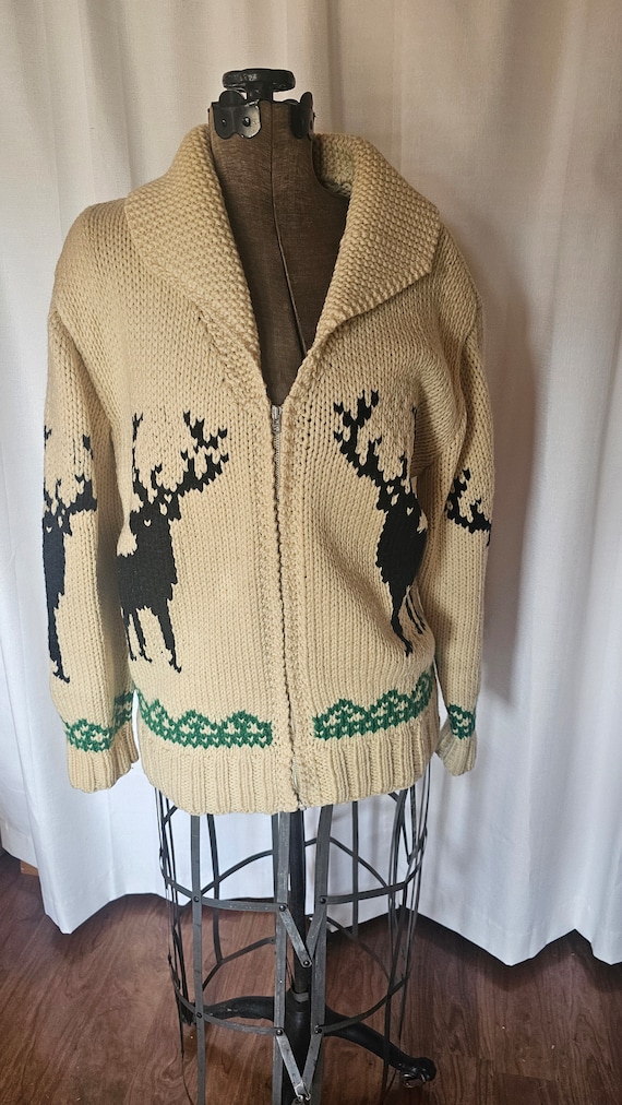 Vintage handmade Cowichan sweater coat. Elk motif.