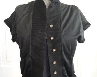 Vintage 1930s era ladies black nylon blouse with pleated detailing, rhinestone buttons. Jami Originals. Size S/Small. FREE SHIPPING