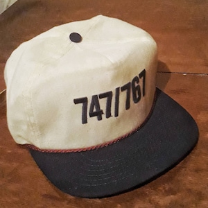 Vintage 1980s era men&#39;s canvas ball cap/hat. Ivory with blue stitched 747/767. Boeing. Leather adjustable strap. One Size.  FREE SHIPPING