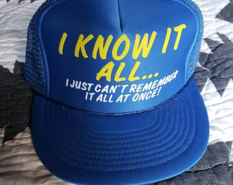 Vintage 1980s adjustable trucker hat baseball cap flat-bill can't remember joke FREE SHIPPING