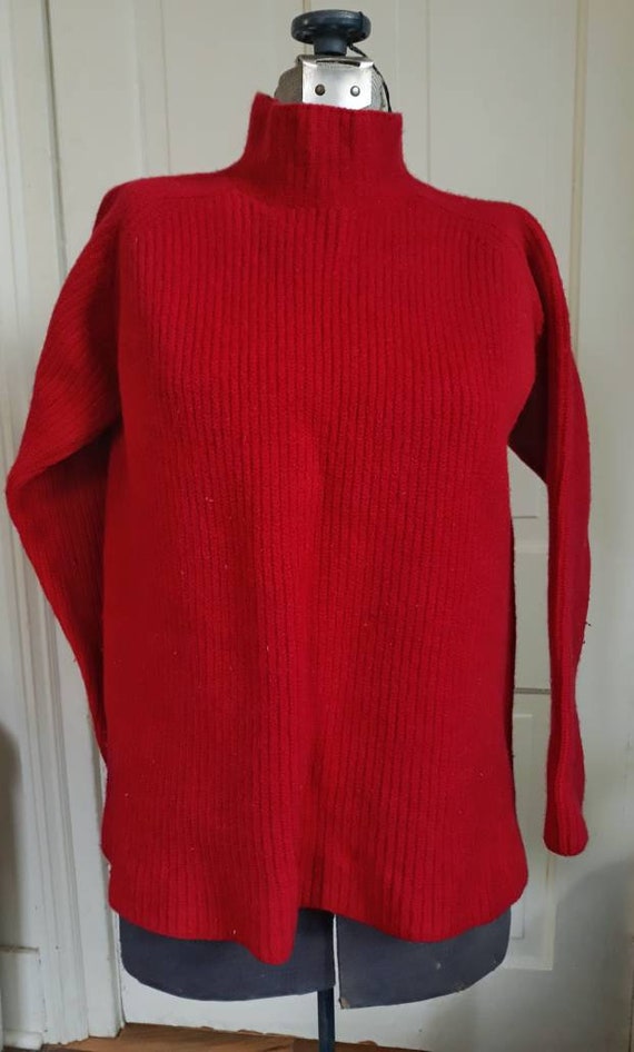 Vintage 1980s era ladies red wool sweater. Mock tu