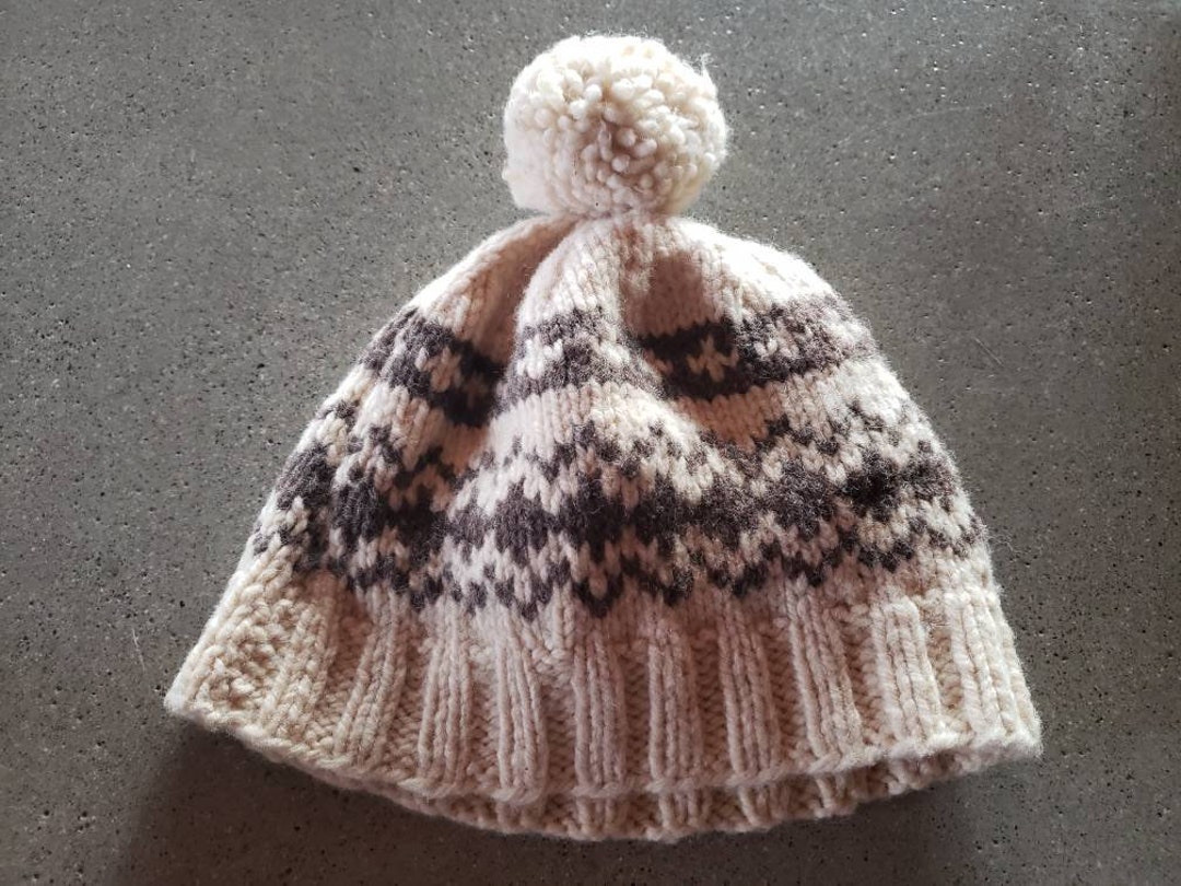 Handknit Nordic Pattern Beanie. Cream and Brown With Pom-pom  display picture 2