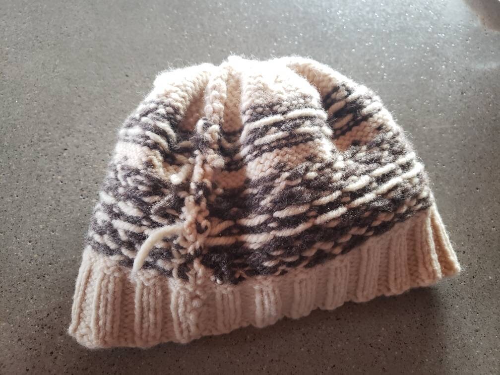 Handknit Nordic Pattern Beanie. Cream and Brown With Pom-pom  display picture 1