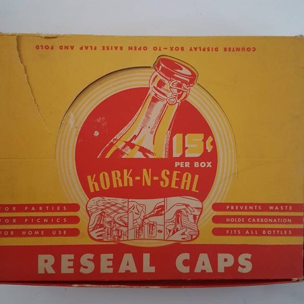 Vintage collectible 1950s Kork-N-Seal display box with 24 unopened boxes.  FREE SHIPPING