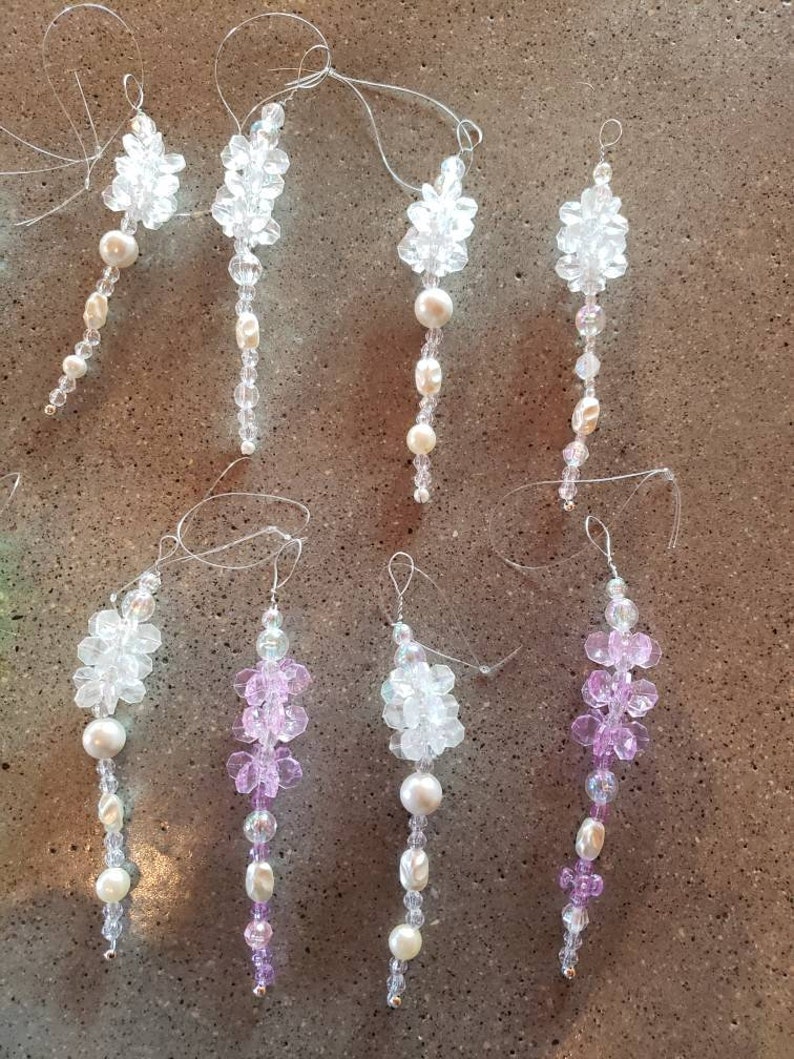 Fun lot of 11 vintage beaded icicle ornaments 4 long most clear FREE SHIPPING