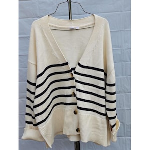Striped Cream & Navy Button-Up Cardigan Sweater XL GAP Cotton Blend Womens Knitwear