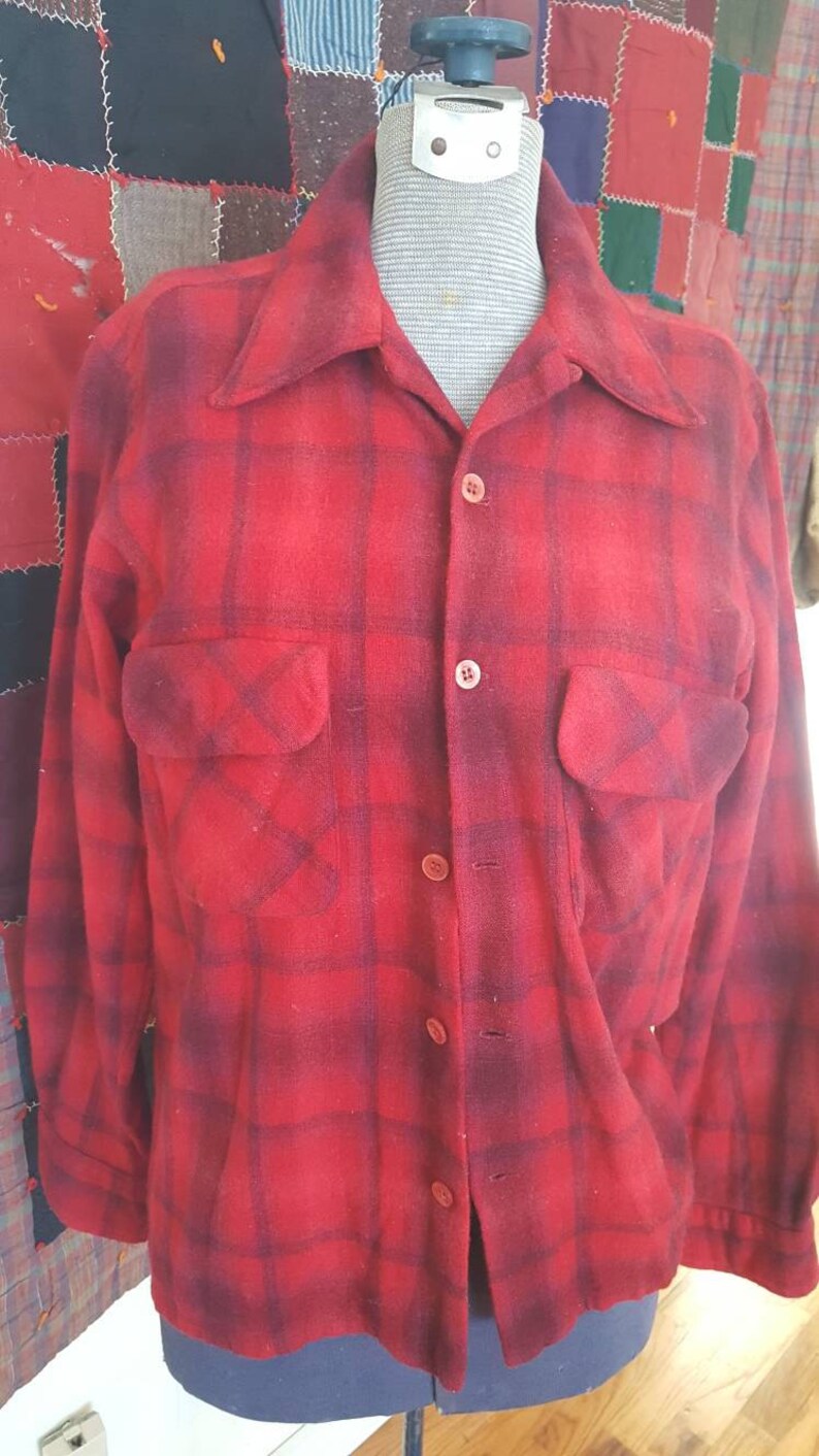 Men/'s Vintage 1950s wool plaid button down red size M neck 15-15.5 hipster style