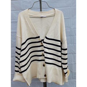 Striped Cream & Navy Button-Up Cardigan Sweater XL GAP Cotton Blend Womens Knitwear
