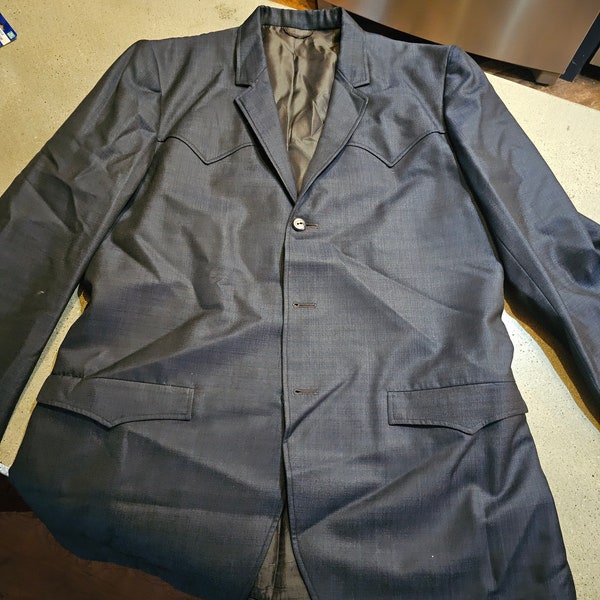 Vintage 1970s era men's suit. Western style, blue/black wool & silk fabric. Size 42R. FREE SHIPPING