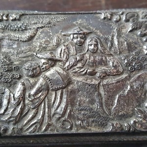 Vintage 1950s era silver plate ring box. Engraved, velvet lined, 2&quot; x 3&quot;. FREE SHIPPING