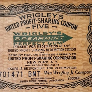 Vintage 1930s Wrigley&#39;s Gum profit sharing coupons. Authentic, double sided, numbered. Sold in sets of two, 92 sets available. FREE SHIPPING