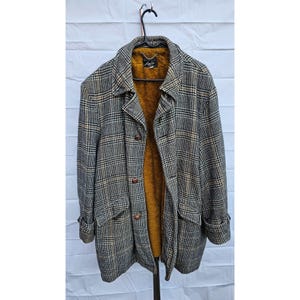Vintage King Size Mens Plaid Wool Blend Coat With Mustard Fleece Lining - Size 54 - Classic Warm Outerwear For Cool Seasons