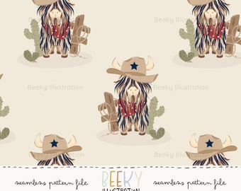 May include: A seamless pattern featuring a cartoon illustration of a brown and white highland cow wearing a cowboy hat and holding a lasso. The cow is standing on a beige background with green cactus plants.