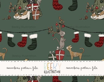 Patrón navideño sin costuras de gatos / DESCARGA DIGITAL / Patrón navideño sin costuras, diseño de tela de gatos navideños, patrón sin costuras para niños y gatos