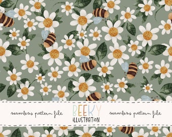 Daisy Seamless Pattern | DIGITAL DOWNLOAD | Easter Floral Seamless, Spring Digital Paper, Flower Seamless Pattern, Bumble Bee Seamless