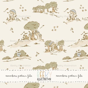 Puede incluir: Un patrón sin costuras que presenta una escena de bosque caprichosa con hongos, árboles y tarros de miel. El diseño está en tonos de marrón, verde y azul, con un fondo beige claro. El texto "Beeky Illustration" aparece en la parte inferior del patrón.