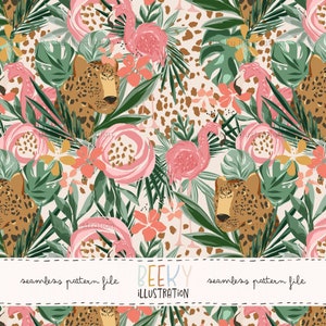May include: A seamless pattern featuring pink flamingos, leopards, tropical leaves, and flowers on a beige background with gold leopard spots. The text "BEEKY ILLUSTRATION" is at the bottom of the pattern.