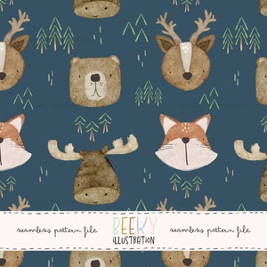 May include: A seamless pattern featuring watercolor illustrations of woodland animals on a dark blue background. The animals include a moose, a bear, a fox, and a deer. The pattern also includes small green trees and white lines.