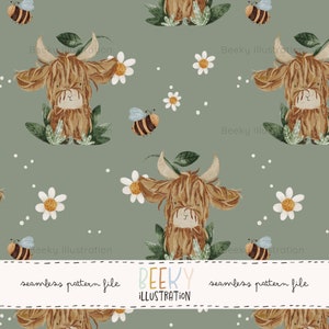 Peut inclure: Un motif sans couture avec des illustrations de vaches des Highlands, d'abeilles et de marguerites sur un fond vert clair. Le design comprend le texte "seamless pattern file" et "BEEKY ILLUSTRATION".