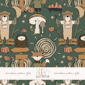 May include: A seamless pattern featuring whimsical illustrations of bears, owls, foxes, pumpkins, mushrooms, and a person with a cart of pumpkins, all set against a dark green background. The text "seamless pattern file" and "BEEKY ILLUSTRATION" are also included.