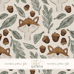 Könnte beinhalten: Ein nahtloses Muster mit einem sich wiederholenden Design aus braunen Füchsen, Eicheln und grünen Blättern auf beigefarbenem Hintergrund. Der Text "BEEKY ILLUSTRATION seamless pattern file" befindet sich am unteren Rand des Bildes.