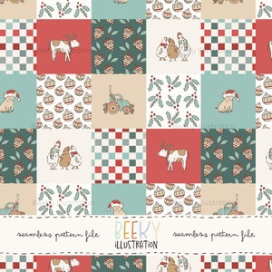 Könnte beinhalten: Eine nahtlose Musterdatei mit einem Patchwork-Design mit verschiedenen weihnachtlichen Illustrationen. Die Illustrationen beinhalten eine Kuh, ein Schwein, einen LKW, Hühner, Stechpalme und Ornamente. Der Text "BEEKY ILLUSTRATION" befindet sich am unteren Rand des Bildes.