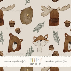 May include: A seamless pattern featuring woodland animals, including a moose, bear, fox, and owl. The animals are illustrated in a watercolor style with brown, beige, and green tones. The pattern also includes acorns and leaves.